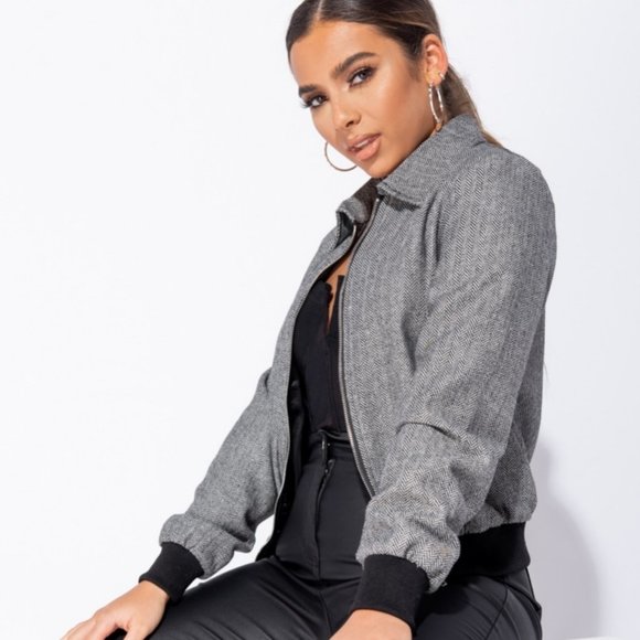 Gray Herringbone Tweed Long Sleeve Bomber Jacket - Picture 3 of 11